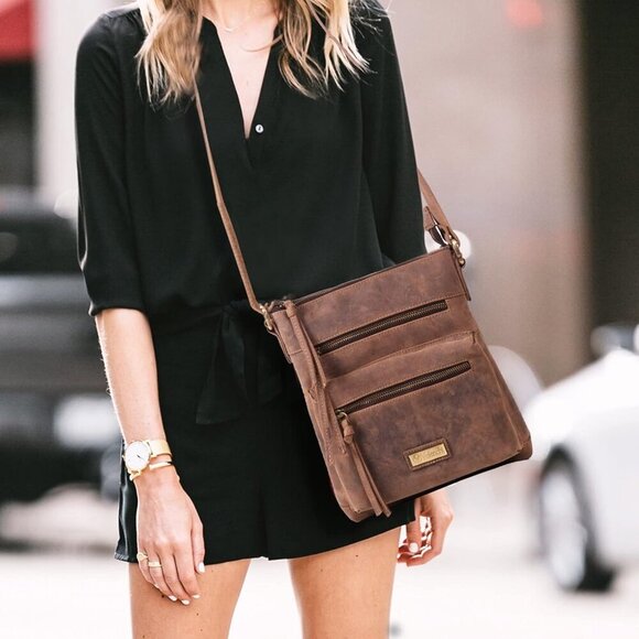 Genuine Leather Crossbody Bag with front Metal Zipper Pockets and long handle - - Picture 7 of 7